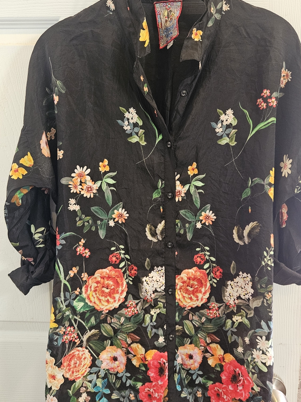 Johnny Was Black Shirt with Multicolor Embroidered Label